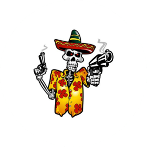 Passmore Salsa is a skeleton character holding a gun symbolizing hot salsa