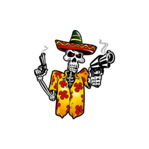 Passmore Salsa is a skeleton character holding a gun symbolizing hot salsa