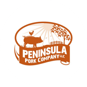 What is a logo.Illustrated Peninsula Pork Company retro logos. The circular logo consists of a pig, a hen, the sun, a fence and a tree.