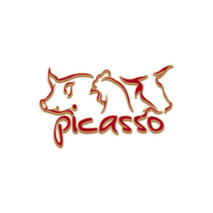 A farm logo design traditionally featured animals like this Picasso logo with a pig, hen and a bull
