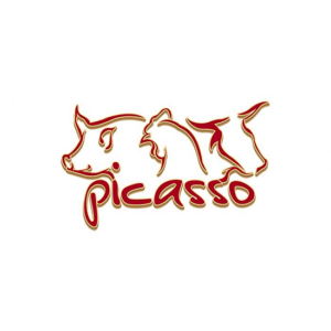 A farm logo design traditionally featured animals like this Picasso logo with a pig, hen and a bull