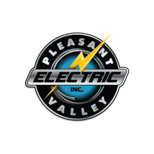 Pleasant electric valley has a tradesman logo design in black and blue with an electric lightning going through the graphic.