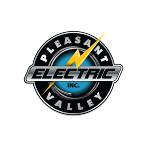 Pleasant electric valley has a tradesman logo design in black and blue with an electric lightning going through the graphic.