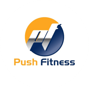 Push Fitness is a circular fitness logo that is easy to read and has a simple clear message