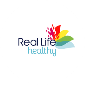 A wellness logo usually has a very thin typography like this Real Life Healthy logo design in the shape of half a lotus