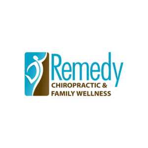 Remedy Family wellness logo is an unusual brown and blue design.