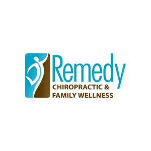 Remedy Family wellness logo is an unusual brown and blue design.