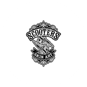 Scooters skin art tattoo logo is all in black and grey and very illustrative.
