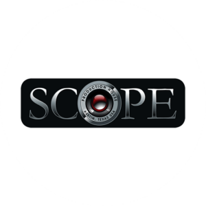 Scope has the traditional lens image for it's photography logo design. A hint of red in the lens is memorable.