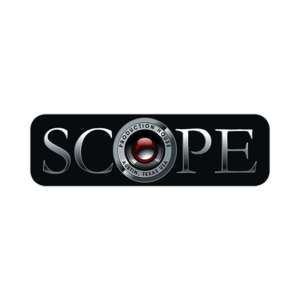 Scope has the traditional lens image for it's photography logo design. A hint of red in the lens is memorable.