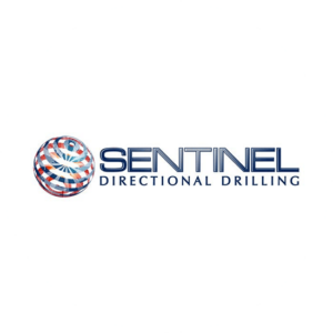 Sentinel directional drilling is an industrial logo design made up of a globe in different colors and a steel grey font