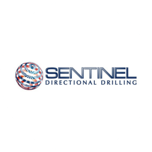Sentinel directional drilling is an industrial logo design made up of a globe in different colors and a steel grey font