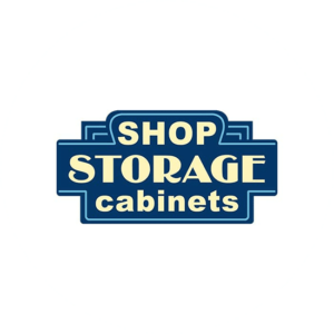 Simple retro logos are among the easiest to remember. Here for Shop Storage cabinets. A fat font in yellow gives the sign a very vintage look.