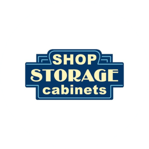 Simple retro logos are among the easiest to remember. Here for Shop Storage cabinets. A fat font in yellow gives the sign a very vintage look.