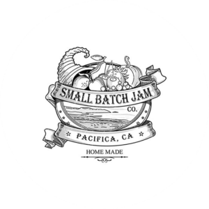 Small Batch Jam is an incredible vintage logo design, all in grey and the illustrations of fruit is so detailed and balanced.
