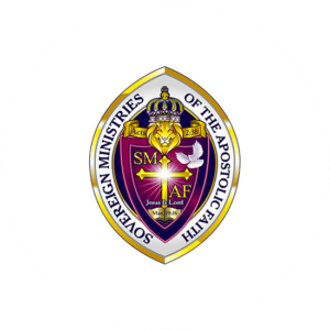 Sovereign ministries has a royal looking church logo in the shape of a burgundy medallion and gold beacon