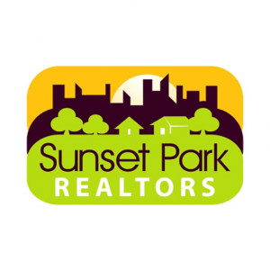 Sunset Park Realtors colorful real estate logo is very eye catching with the park in the background and the sunset