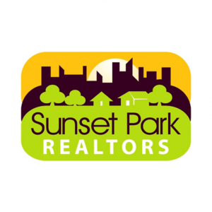 Sunset Park Realtors colorful real estate logo is very eye catching with the park in the background and the sunset