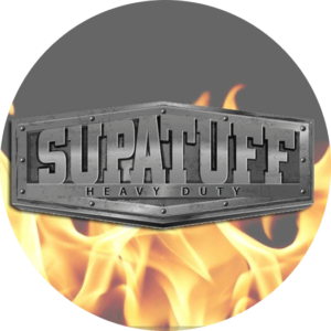 SUPATUFF has been created with fire and a grey font that is easy to read. The 3D logo design style is made up with the fat font
