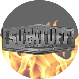 SUPATUFF has been created with fire and a grey font that is easy to read. The 3D logo design style is made up with the fat font