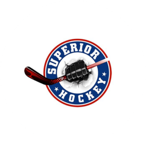 Sport logo design for Superior Hockey is an illustrative logo with a hand holding the hockey stick in a circular logo