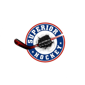 Sport logo design for Superior Hockey is an illustrative logo with a hand holding the hockey stick in a circular logo