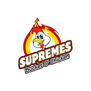 Supremes bucket chicken food logo with a cute chicken with a spicy red hair line.