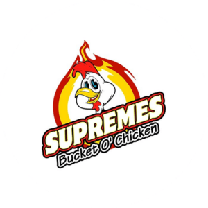 Supremes bucket chicken food logo with a cute chicken with a spicy red hair line.