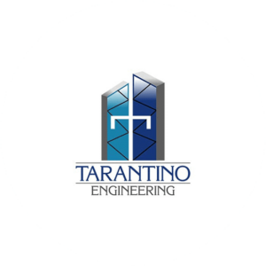 Tarantina Engineering is an industrial logo design made up of two blue doors connected by a steel handle