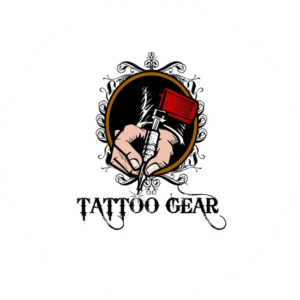 This company sells tattoo gear and has a hand tattooing something on a decorative font