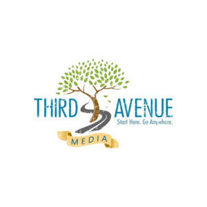 Gorgeous green tree with a road wrapped around in for Third Avenue Media. A publishing logo design with style