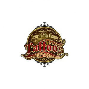 Logos for tattoo shops can be like this powerful True Game tattoo in brown and red.