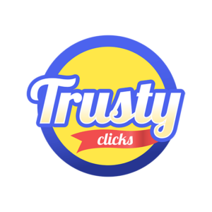 Logos for advertising can be colorful like this Trusty clicks logo. Blue circle with a red banner inside it with the words clicks