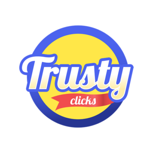 Logos for advertising can be colorful like this Trusty clicks logo. Blue circle with a red banner inside it with the words clicks