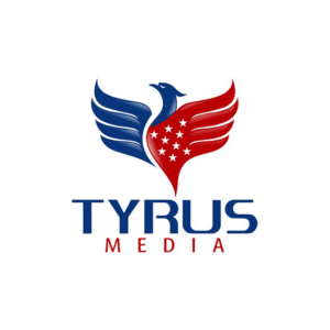 Logos for publishing come in a ll shapes a long as they are eye catching like this royal bird in blue and red for Tyrus Media