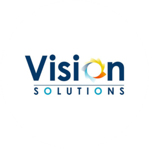 A corporate logo design created for Vision Solutions. The "O" has some memorable colors to it.