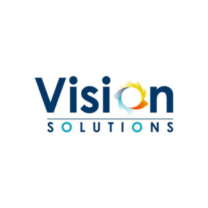 A corporate logo design created for Vision Solutions. The "O" has some memorable colors to it.