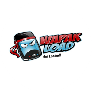 Wapak Load telecom logo in the shape of a character in blue andf black. Pirate looking character