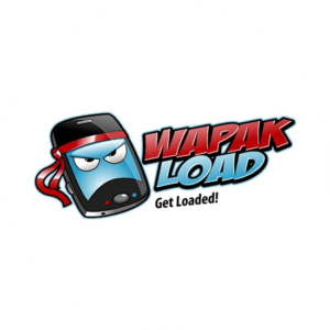 Wapak Load telecom logo in the shape of a character in blue andf black. Pirate looking character