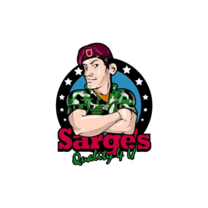 Sarges veterans logo design is a military character logo with his arms crossed.
