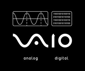 Brand logo for Vaio. The logo designer has created a black and white logo for Sony full of sound waves.