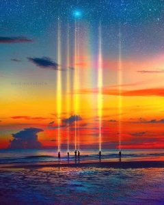 A spiritual logo design is heavenly guided like this photo of people in the ocean being guided by lights from heaven