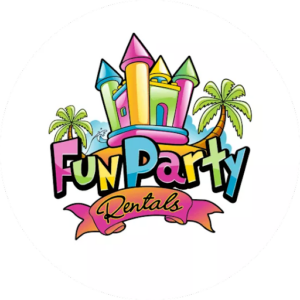 Fun Party rentals choose an edgy logo. A fin colorful blow-up bouncy castle in many colors to attract kids and their parents alike.