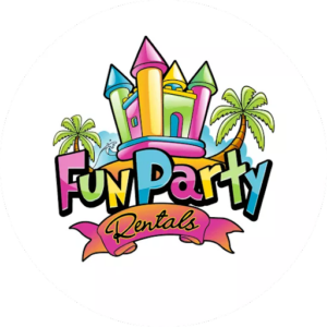 Fun Party rentals choose an edgy logo. A fin colorful blow-up bouncy castle in many colors to attract kids and their parents alike.