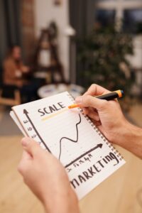 Scale to marketing your business. A h and drawing a ladder on a piece of paper. 