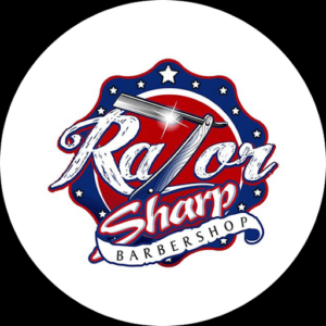 Edgy logo design Razor Sharp Barbershop. All in blue and red and with a razor as the "Z"