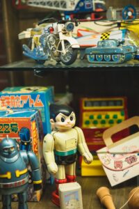 Toys in a shop window. Retro themed shop window