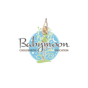 Babymoon spiritual logo design is a yoga posing women surrounded by blue and green colors