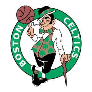 Boston Celtics is a character sports logo where a man with a pipe in his mouth is balancing a ball on his finertips