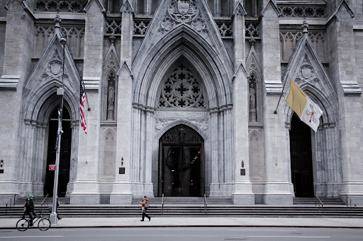 View of the front steps and entry way to St. Patrick’s Cathedral in NYC